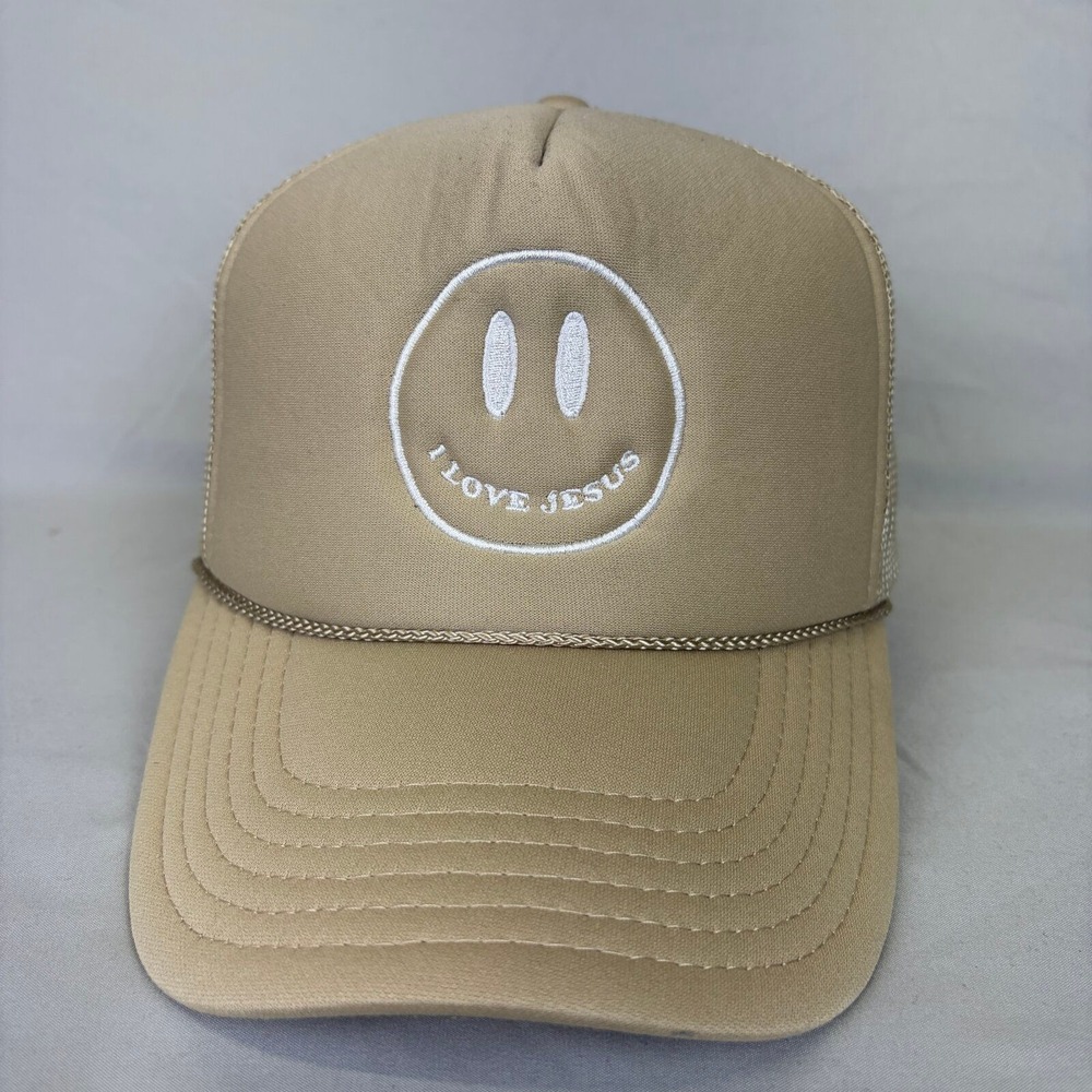 Otto Trucker Hat I Love Jesus Smiley Face Unisex OSFM Tan Mesh Snapback Cap